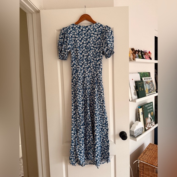 Reformation Blue Floral Puff Sleeve Long Dress with Slit - Picture 5 of 5